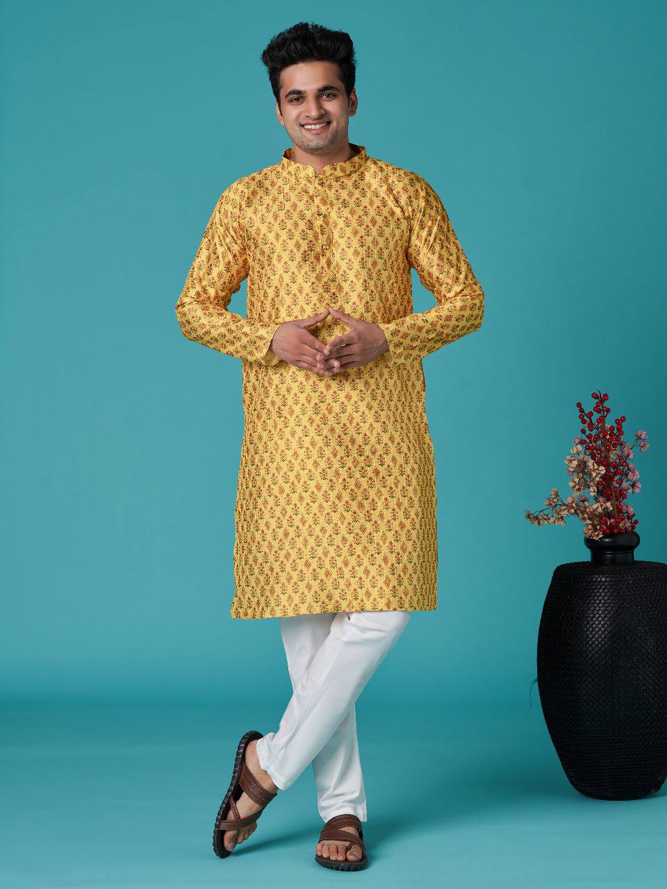 Haldi special Mustard Yellow Men's traditional indian sequins work with print cotton kurta with pajama