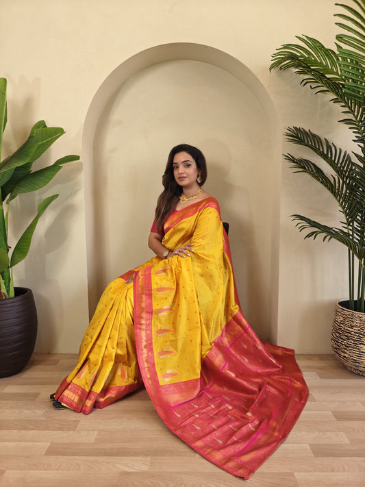Mustard Yellow Pure Paithani Silk Saree with rich weaving with Stitched Blouse