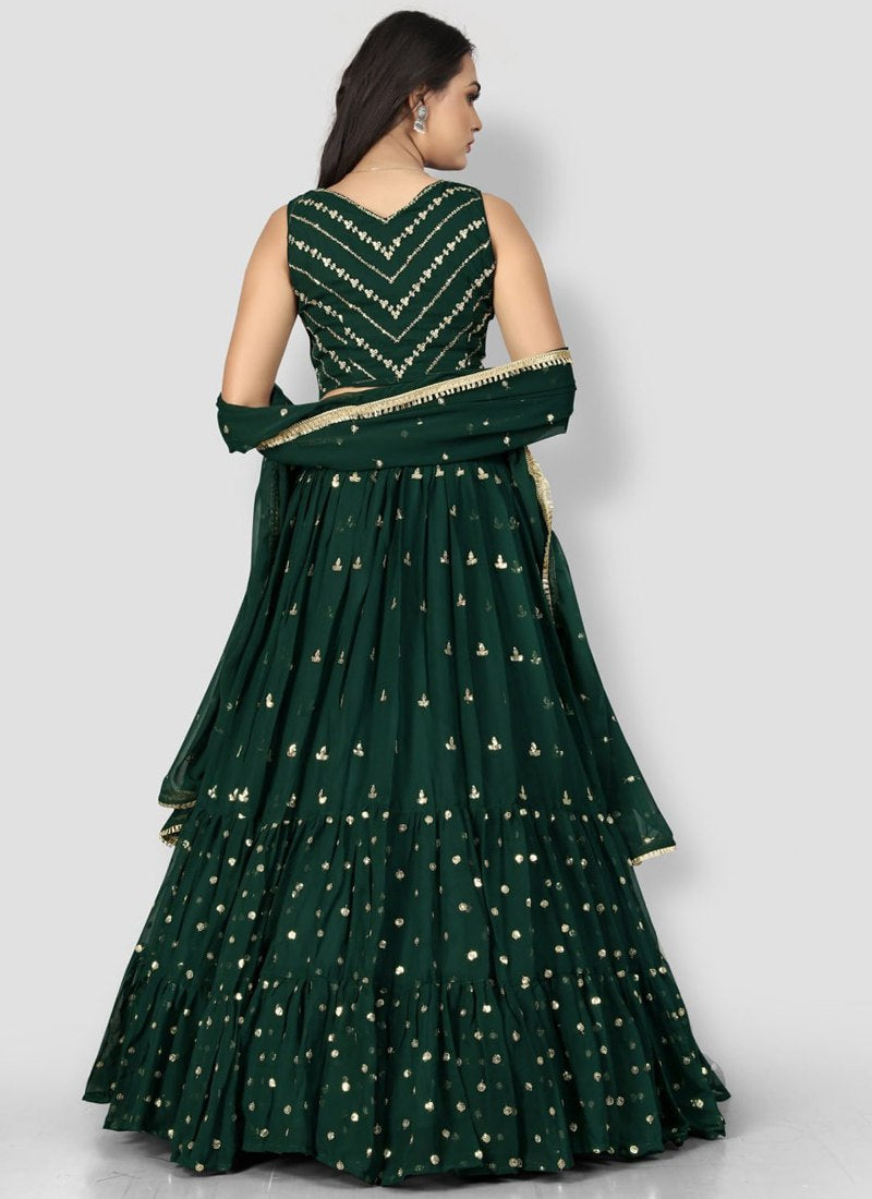 Dark Green Soft Georgette Fully Stitched Lehenga