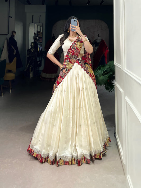 Vidya - White Soft Silk Print Border Lehenga Fully Stitched