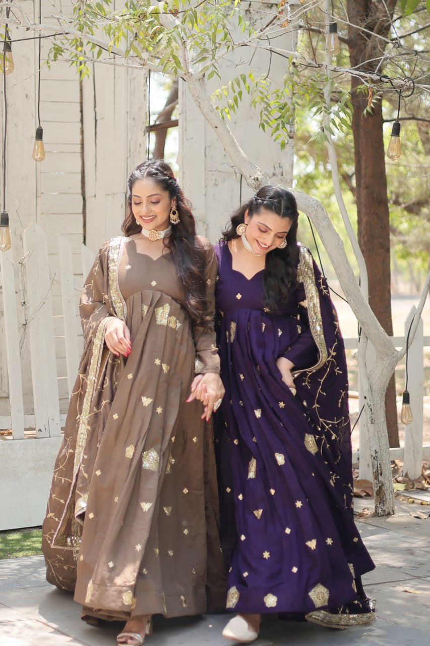 Premium Vichitra Silk Brown Fully Stitched Gown