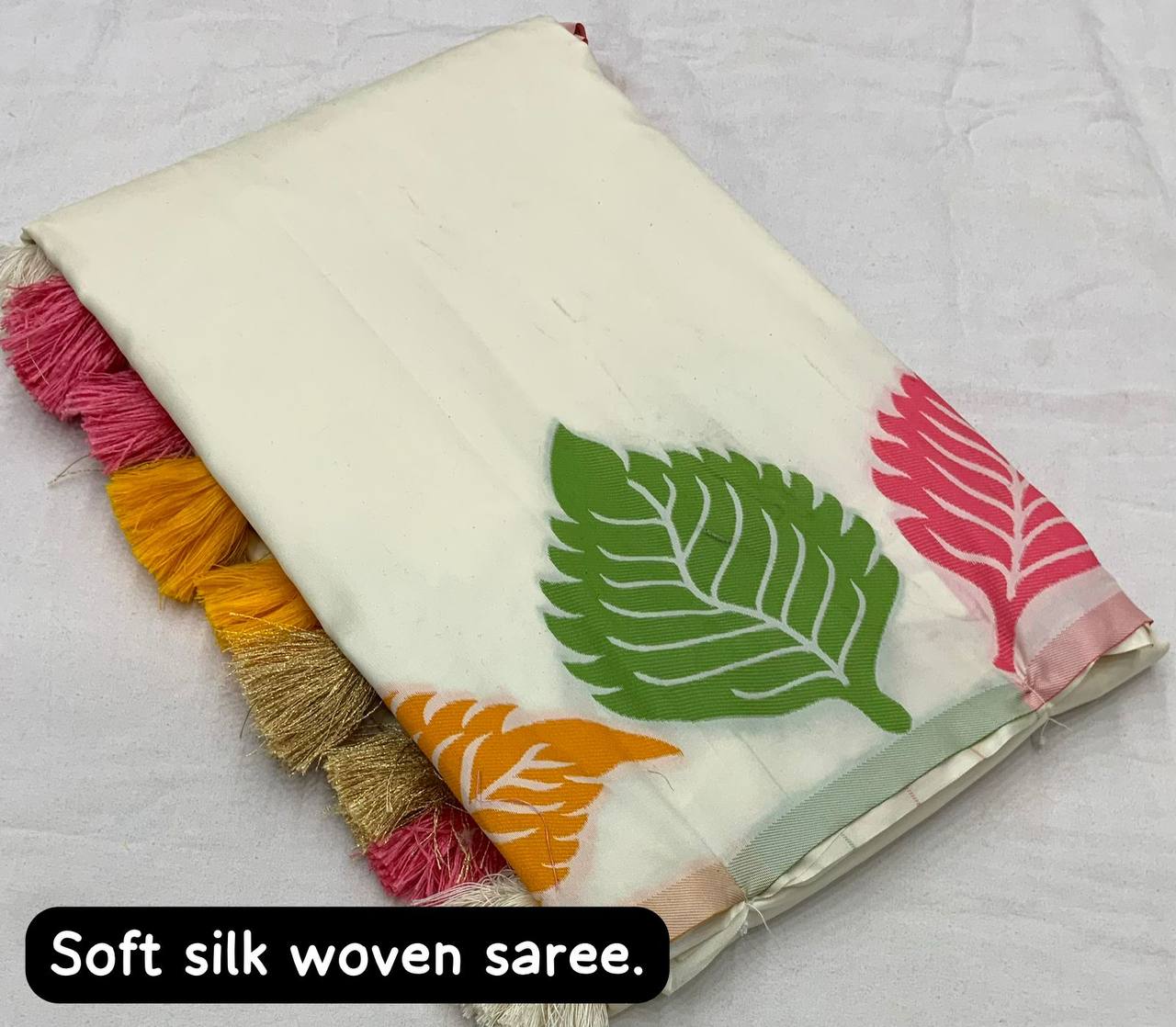 Soft silk leafy design saree with stitched blouse