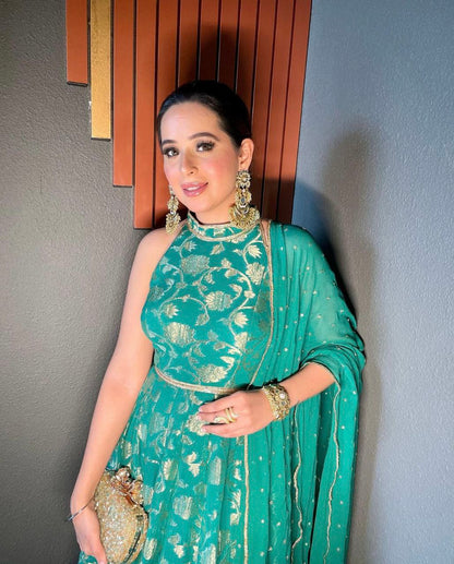 Pure Banarasi Silk Green Gown fully stitched