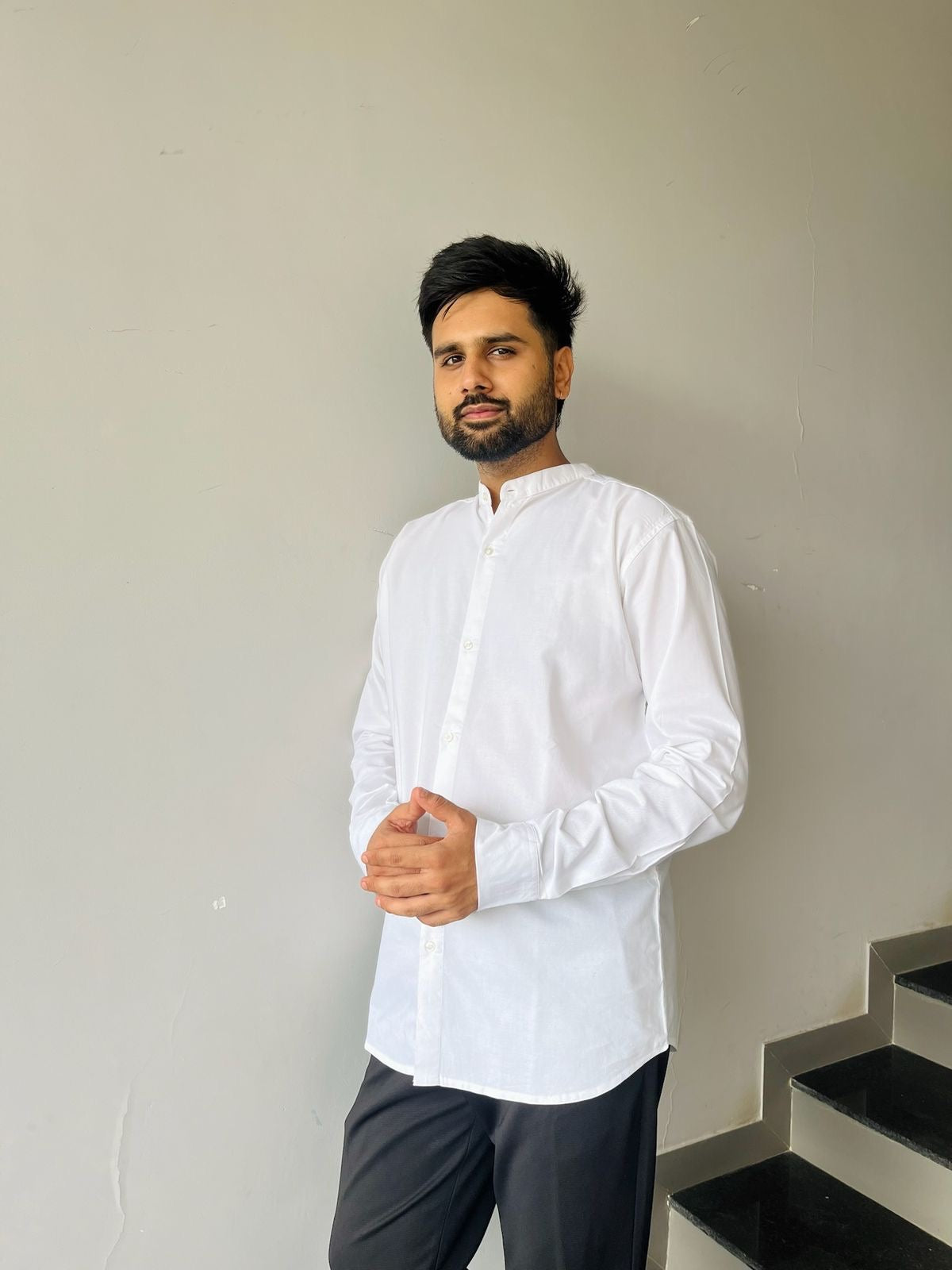 Mandarin Collar Men's Pure Cotton Plain Shirts for Formal Occasions