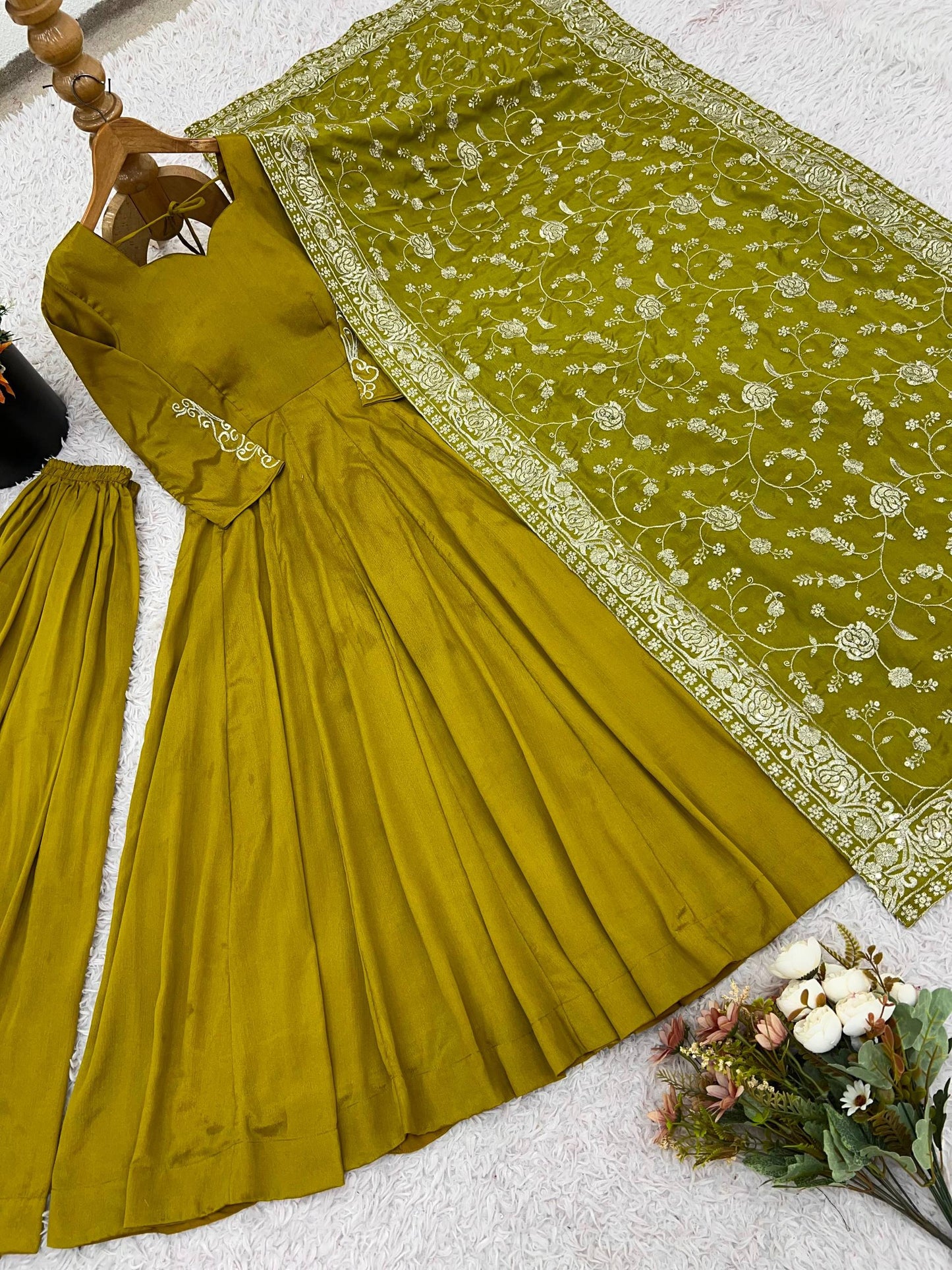 Mehendi Chiffon Classic Minimal Gown with Embroidered Dupatta Fully Stitched