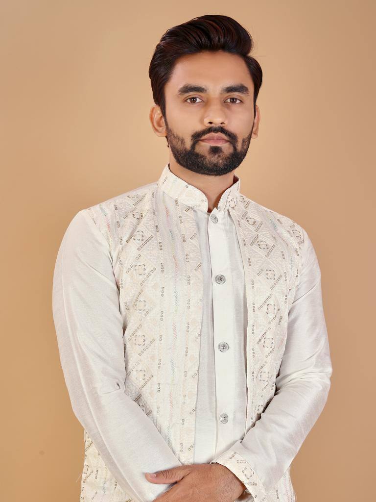 Off white Men's Indo western style koti kurta with pajama