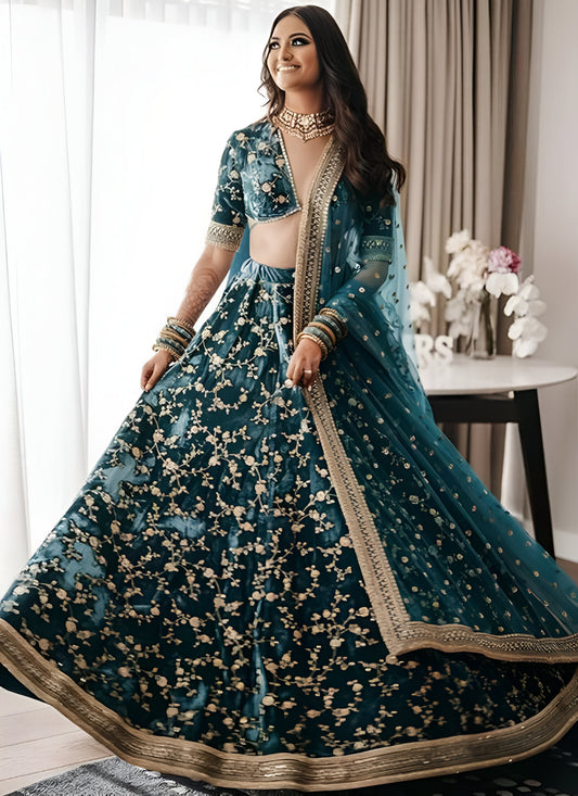 Dark Green Velvet Fabric Heavy Fully Stitched Lehenga
