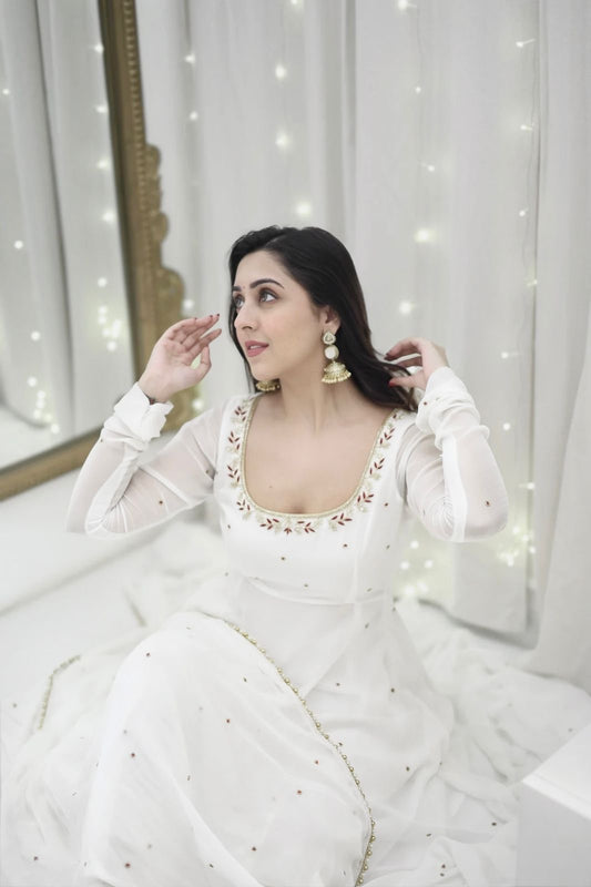 Classis White Premium Anarkali Suit with Minimal Embroidered Work Best for All occasions