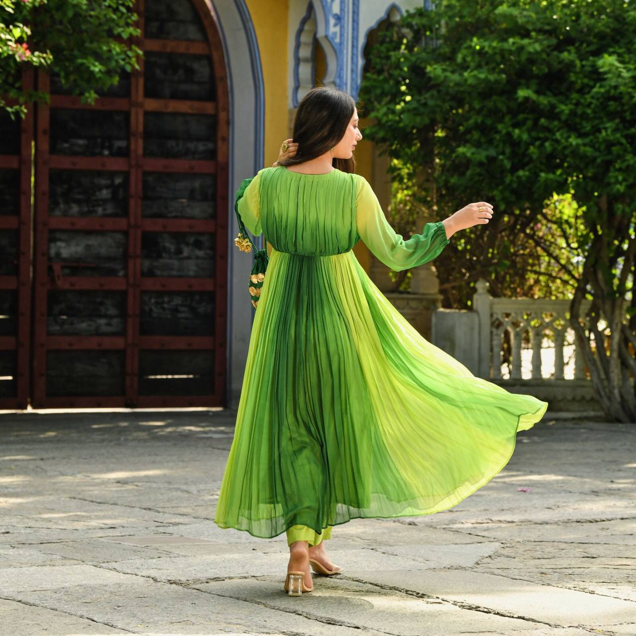 Parrot Green georgette gown readymade