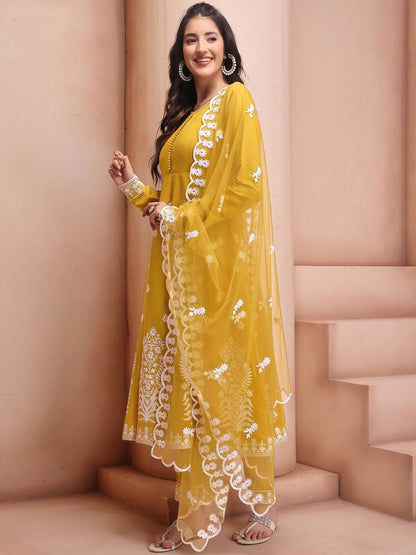 Mustard yellow anarkali with white embroidery