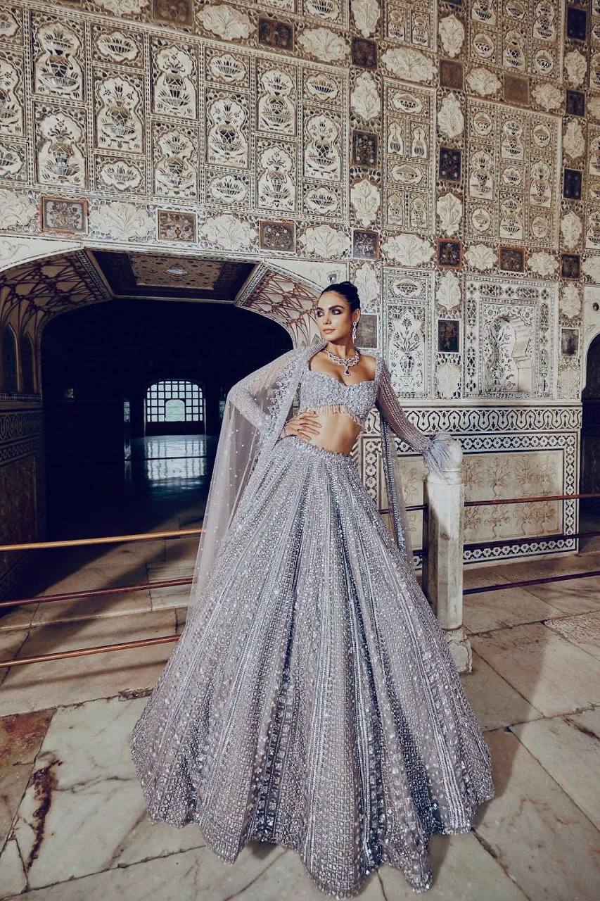 Premium Shimmer Silk Grey Lehenga Fully Stitched
