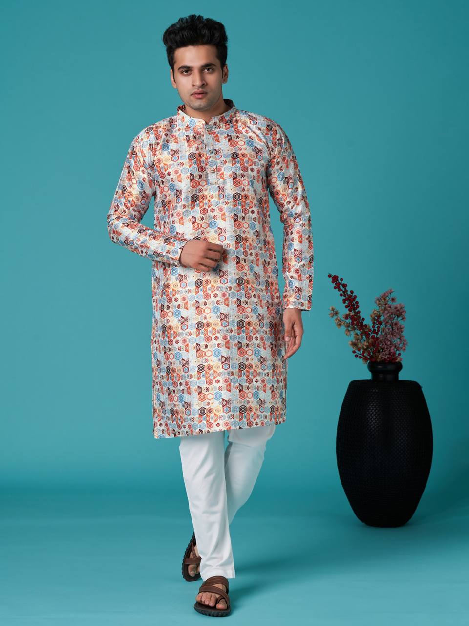 Men's traditional indian ethinic print cotton kurta with pajama