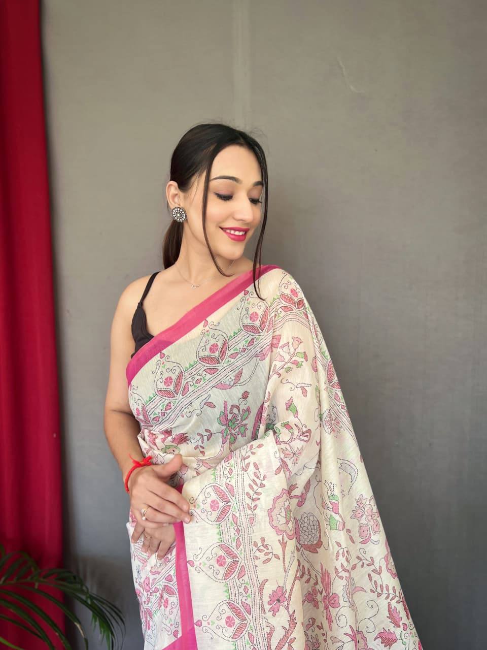 Premium White Cotton Sarees with Katha Prints with Fully Stitched Blouse