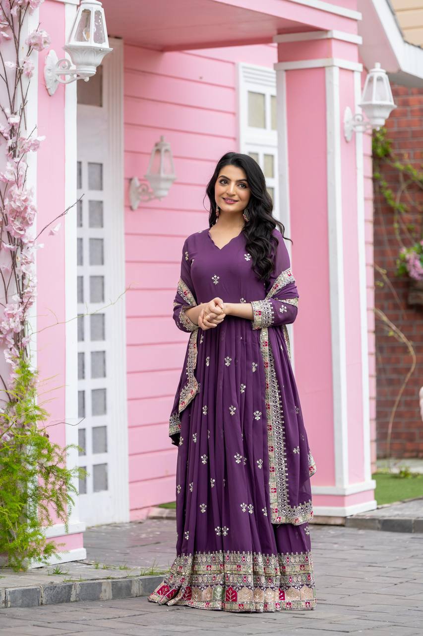 Eggplant Purple Premium Embroidered Gown fully stitched