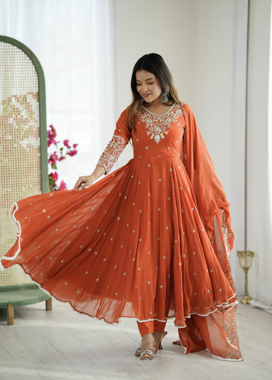 Dark Orange Premium Faux Georgette Anarkali Gown with Beautiful Work Fully Readymade