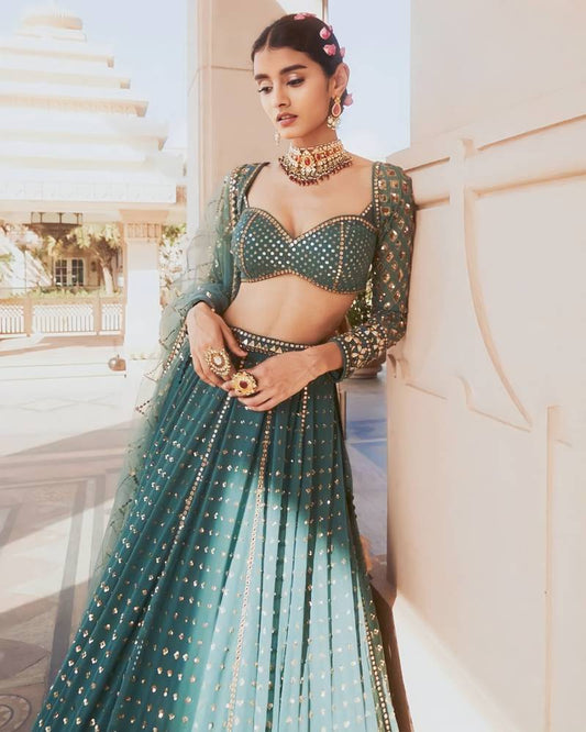 Dark Bottle Green Heavy Georgette Lehenga Fully Stitched