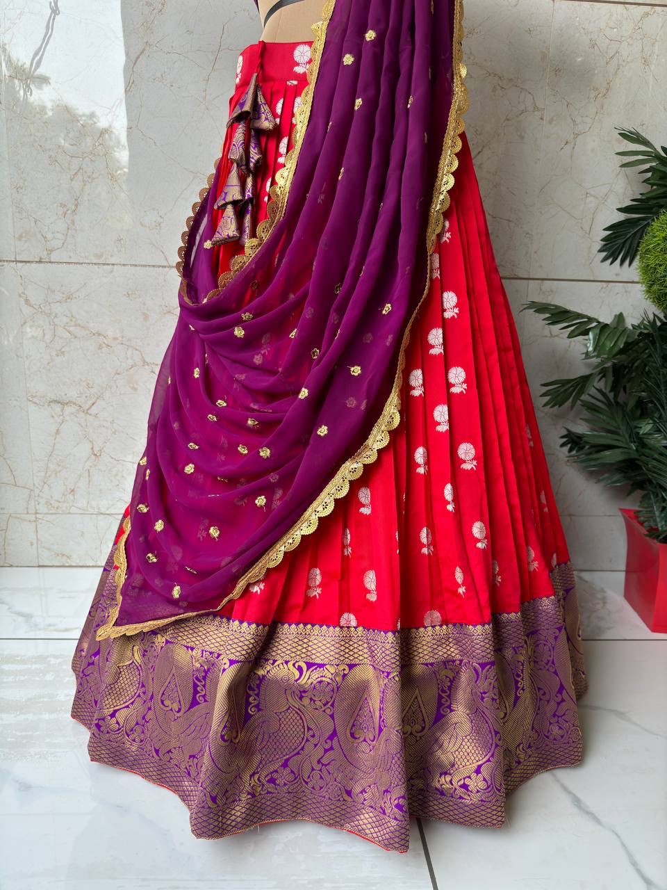 Red and Wine Kanjivaram style Silk lehenga fully stitched