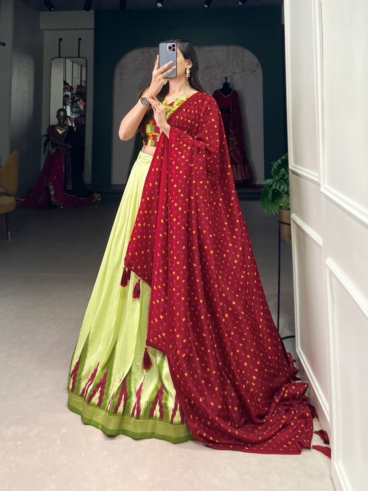 Mahendi Colour Navratri Special Chaniya Choli with Bandhej Print Dupatta Fully Stitched
