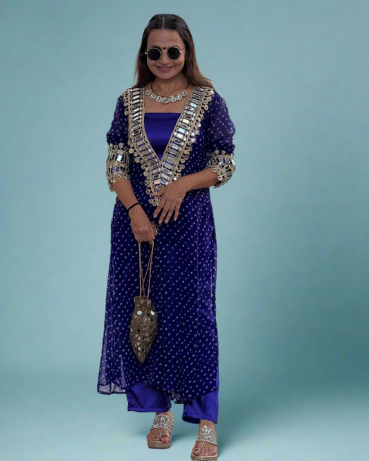 Real Mirror Neck Work Beautiful Shimmering Kurta Set Fully Stitched