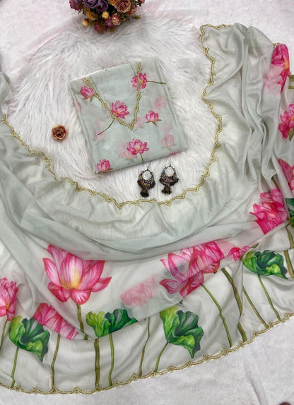 Soft Silk Floral Val Moti Work Border Saree With Stitched Blouse Options