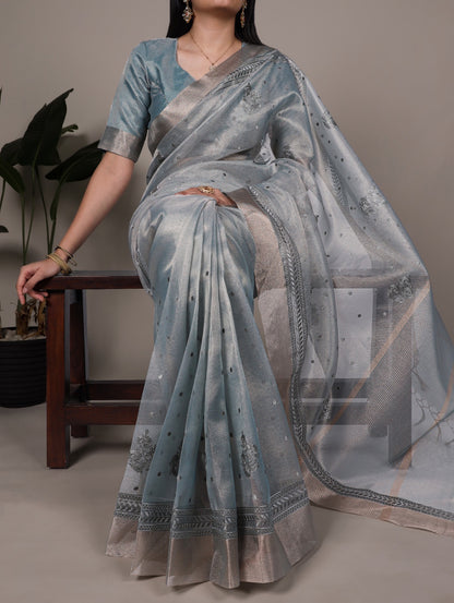 Malvika - Premium Shimmer Net type Pastel Colours Saree with Stitched Blouse of your Own Style