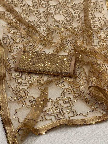 Designer Gold net saree with gold sequins and fully stitched blouse