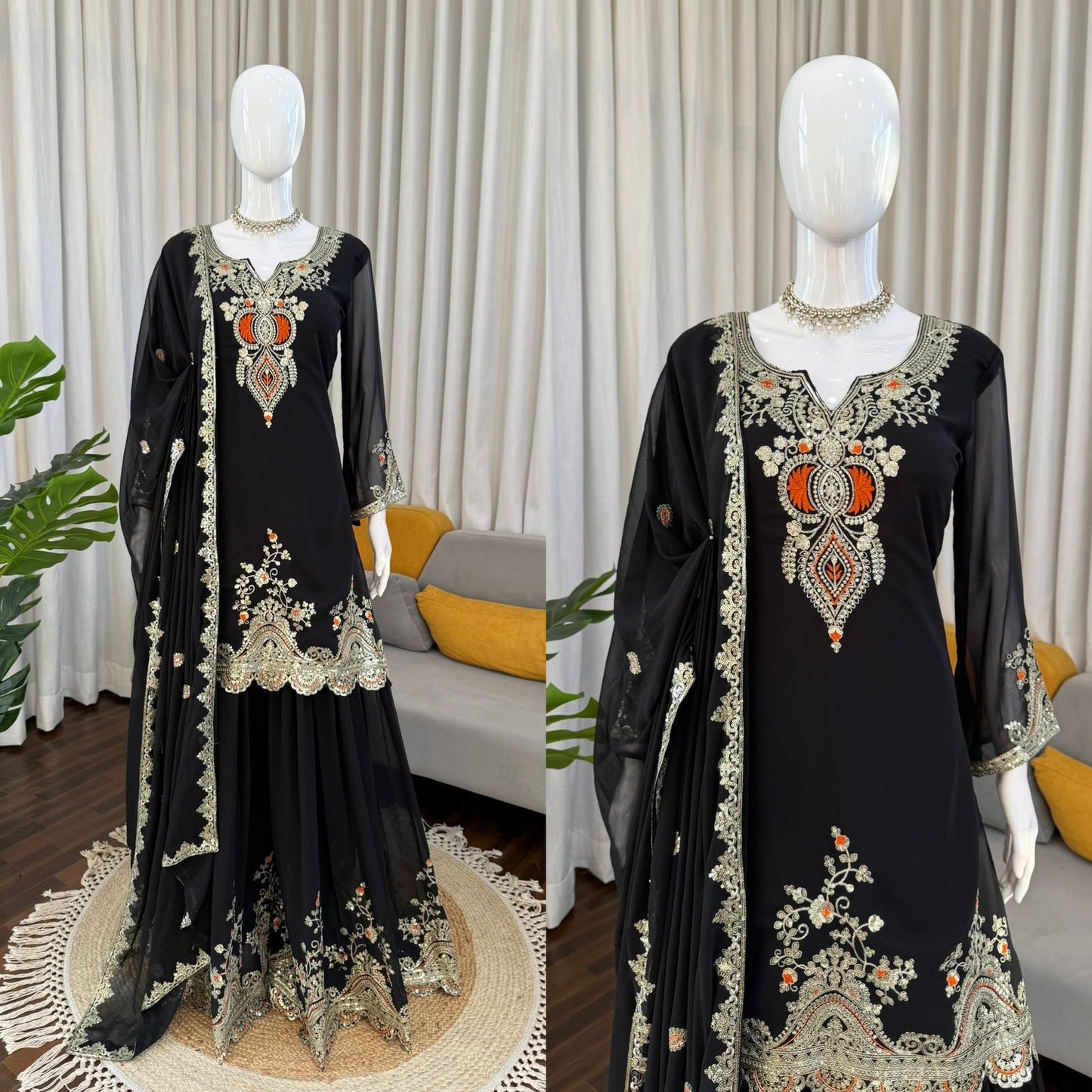 Premium Black or White Embroidered Fully Stitched Sharara Set in Readymade Sizes