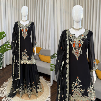 Premium Black or White Embroidered Fully Stitched Sharara Set in Readymade Sizes