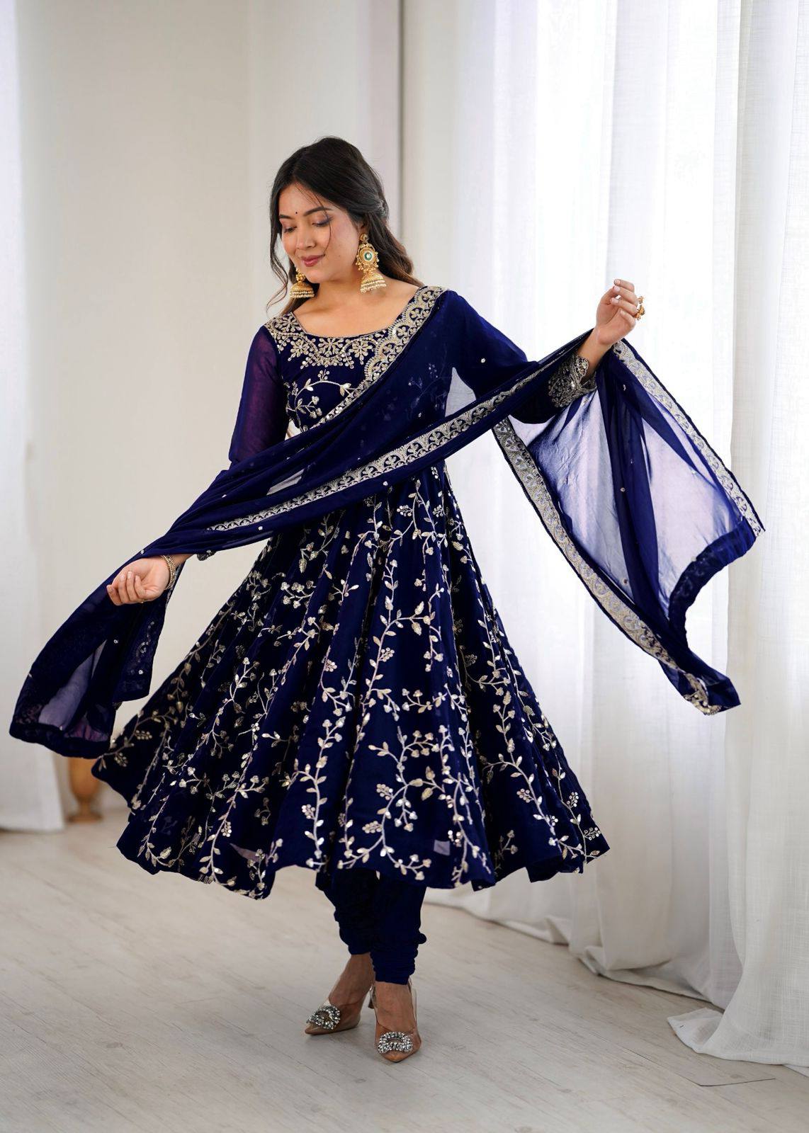 Preeva - Navy Blue Soft Georgette with Full Embroidery Gown Fully Stitched