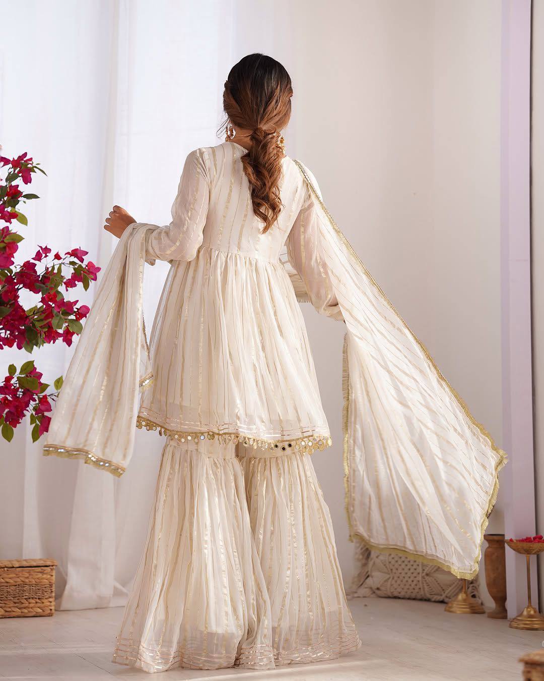 Erika - Premium Soft Mal Fabric White Elegant Sharara Suit Fully Stitched