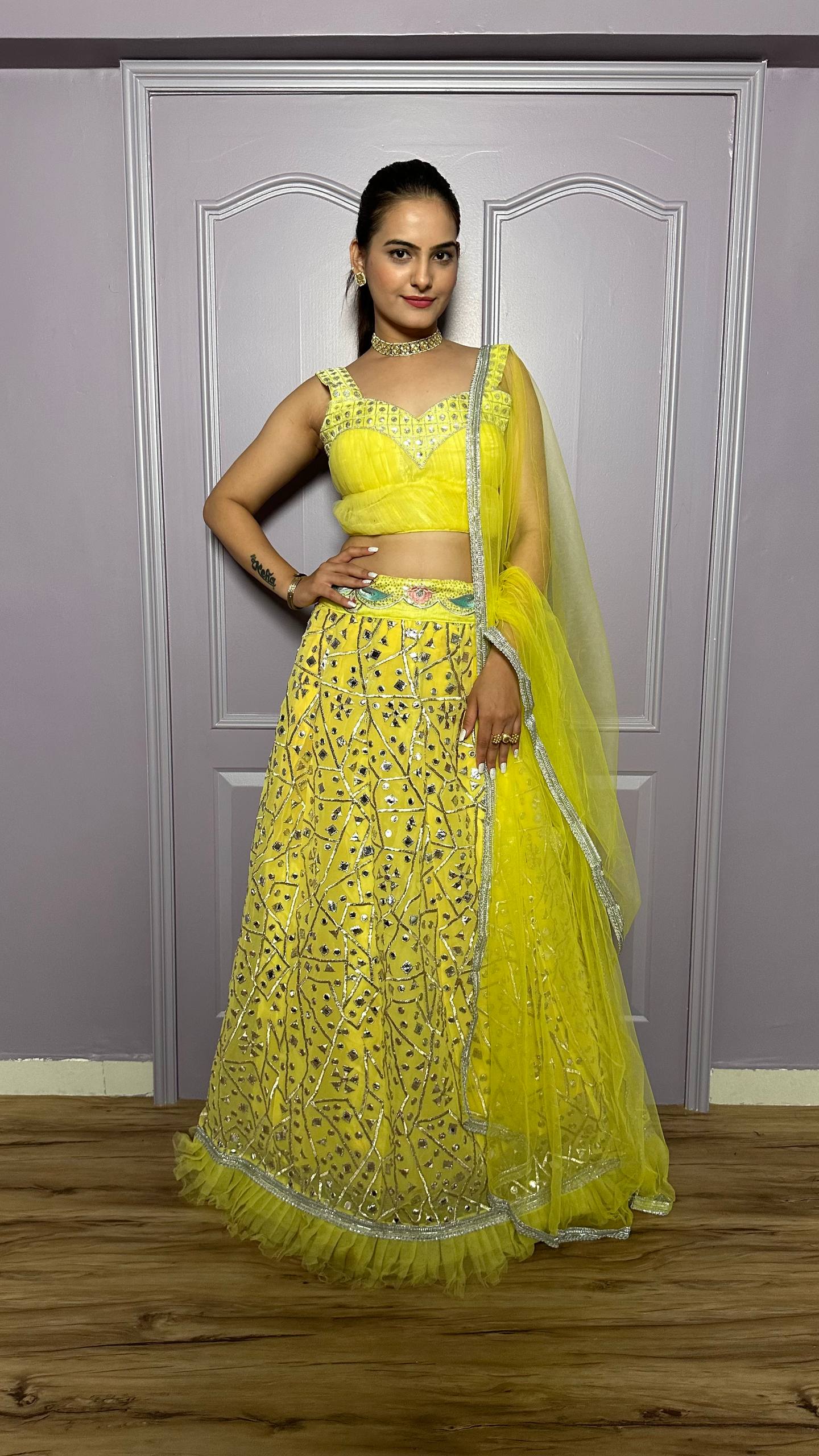 Yellow Georgette Lehenga with Zari Work & Ruffle Border Fully Stitched