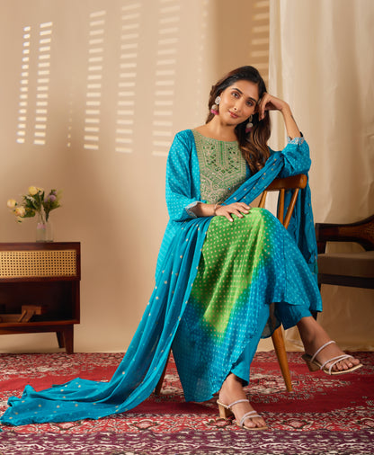 Premium Pista & Sea Blue Chinon Silk Kurti Set with Beautiful Embroidery