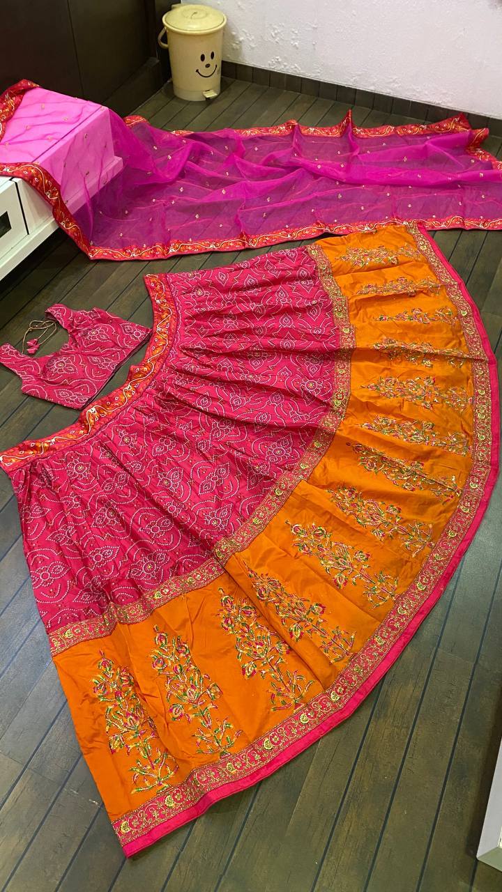 Pink and Orange Bandhani Style Soft Silk Lehenga with Minimal Work Fully Stitched