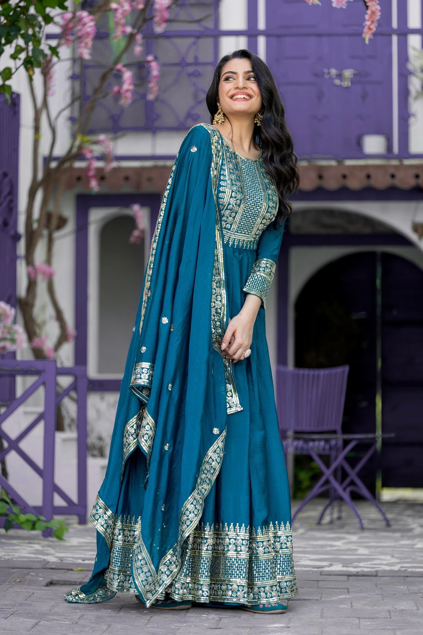 Harshita - Premium Silk Turquoise Gown with Sequins Work Fully Stitched