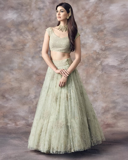 Premium Pastel Pistachio Net Fabric Readymade Lehenga