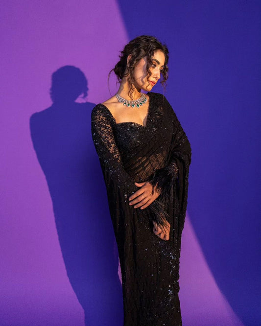 Adaa - Beautiful Lightweight Soft Net Designer Saree with Stitched Blouse