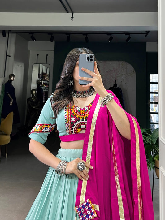 Unique Sea Blue Chaniya Choli for this Navratri Season with Traditional Art