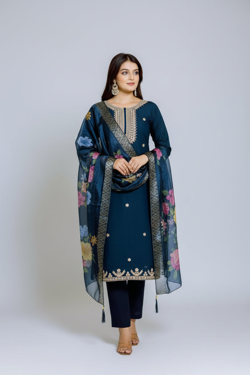 Woman in a navy blue traditional outfit with floral dupatta in an indoor setting