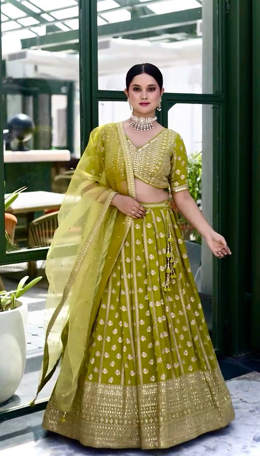 Mehendi Chinon silk fully stitched lehenga