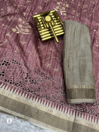 Evika - Premium Tussar Cotton Saree with Cut Work & Stitched Blouse