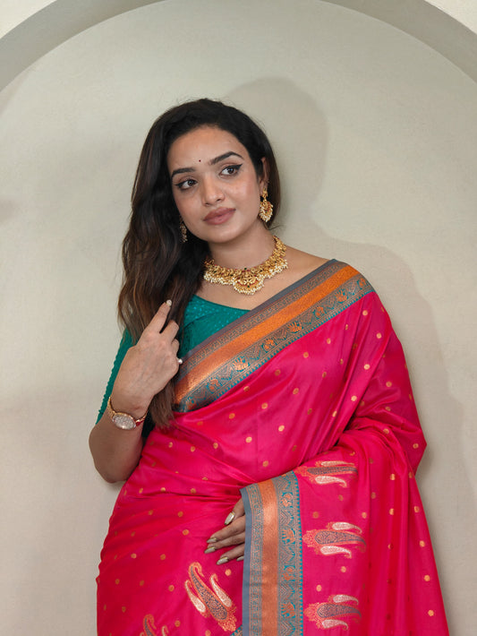 Pink Pure Paithani Silk Saree with rich weaving with Stitched Blouse