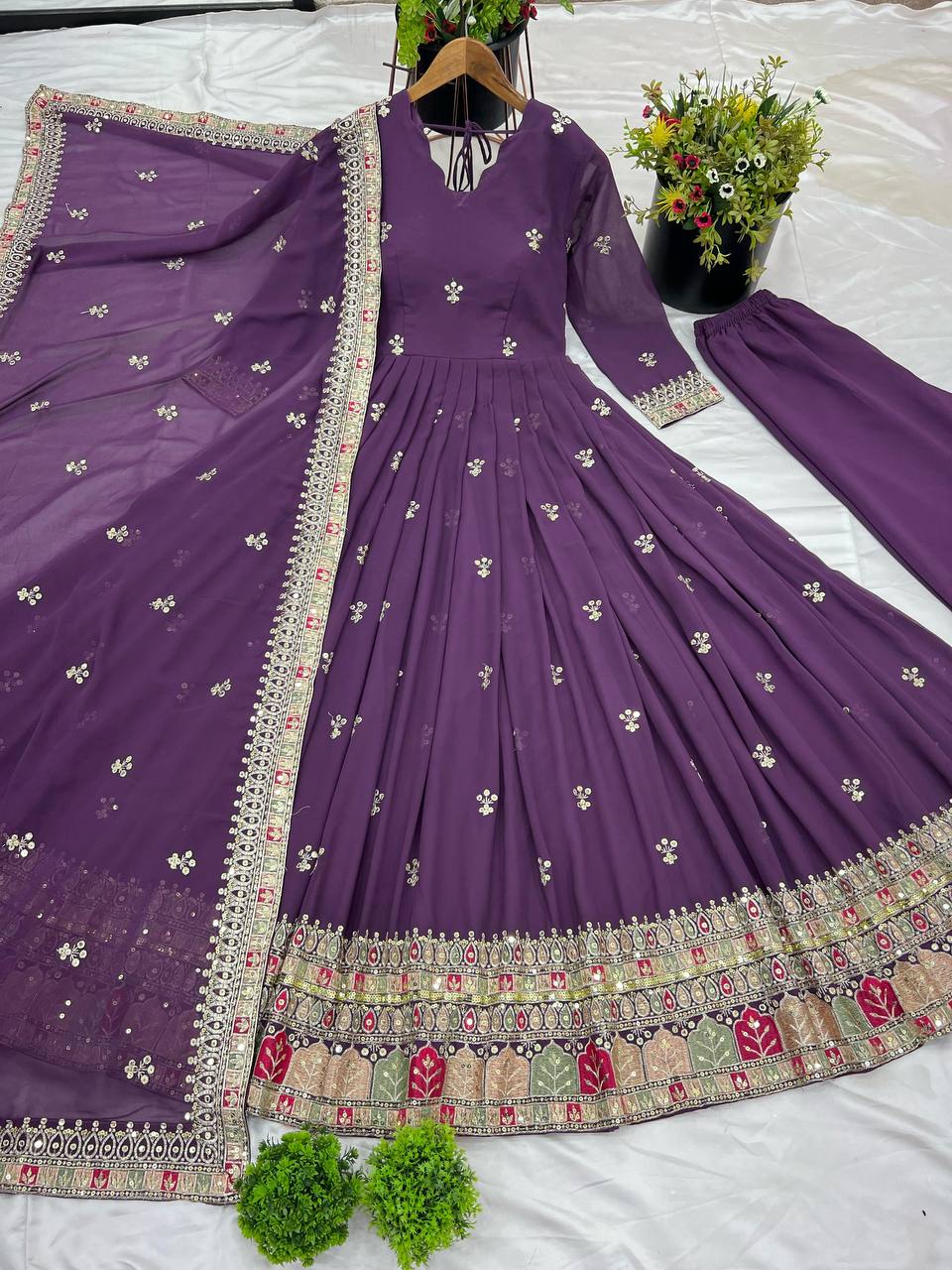 Eggplant Purple Premium Embroidered Gown fully stitched