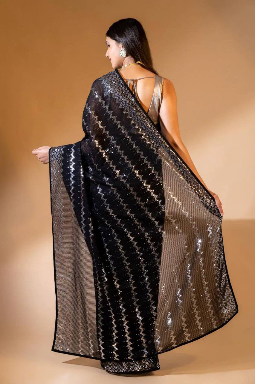 Bollywood style Pista & Black Sequence Saree with fully stitched blouse