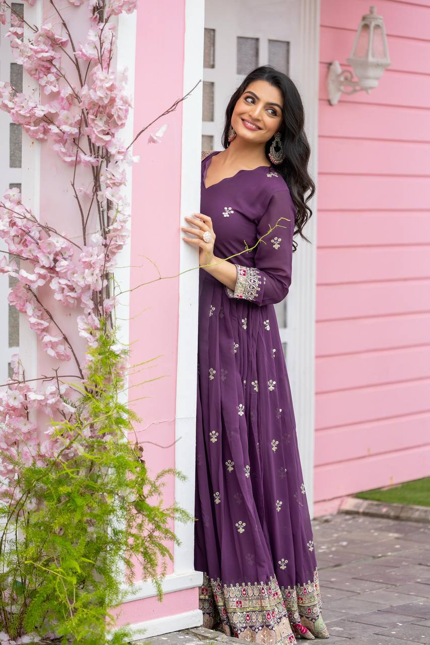 Eggplant Purple Premium Embroidered Gown fully stitched