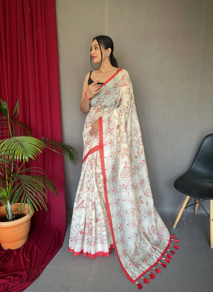 Premium White Cotton Sarees with Katha Prints with Fully Stitched Blouse
