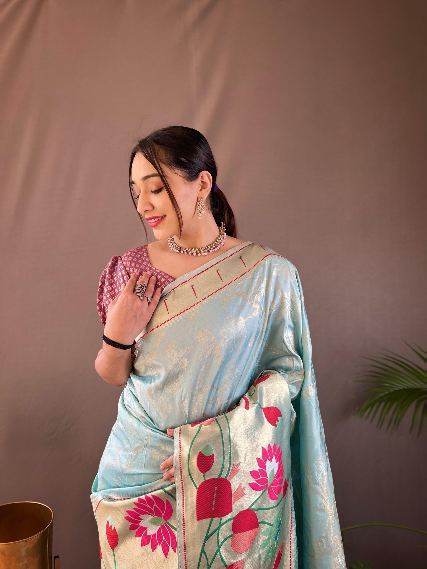 Suhani - Pure Paithai Silk Floral Weaved Saree with Stitched Blouse Options