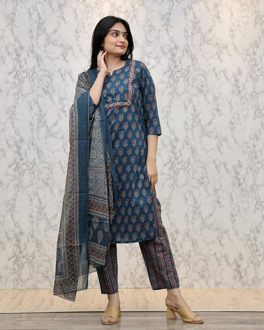 Jaipuri cotton kurti set with pant and dupatta