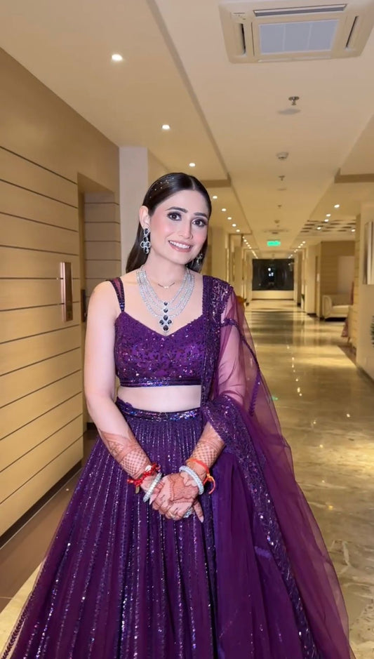 Purple & Wine Beautiful Net Lehenga with Premium Sequins and Dori Work Fully Stitched