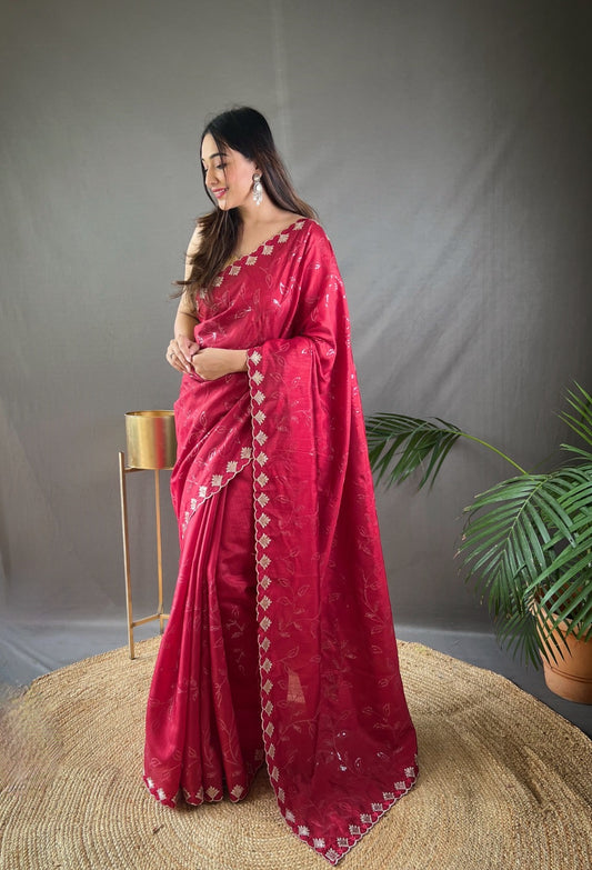 Ruhi silk saree with water sequence cutwork and stitched blouse