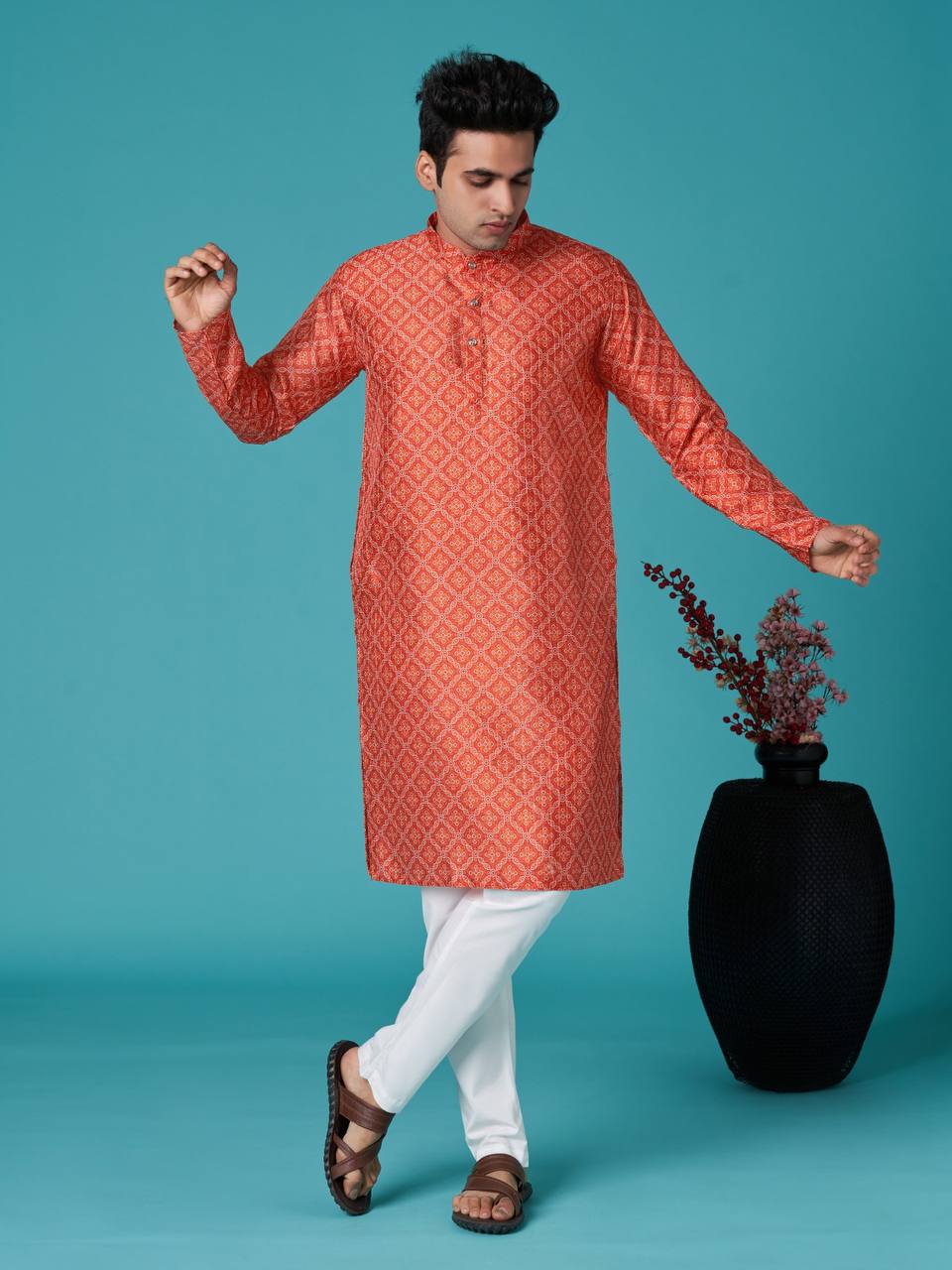 Men's traditional indian ethinic print red cotton kurta with pant